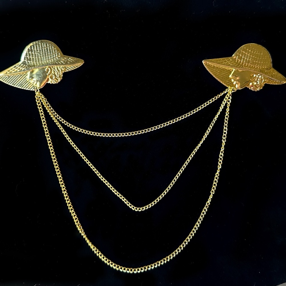 Vintage Modesty Shirt Collar Clip Brooch Gold Woman Hat Triple Chain Accessory